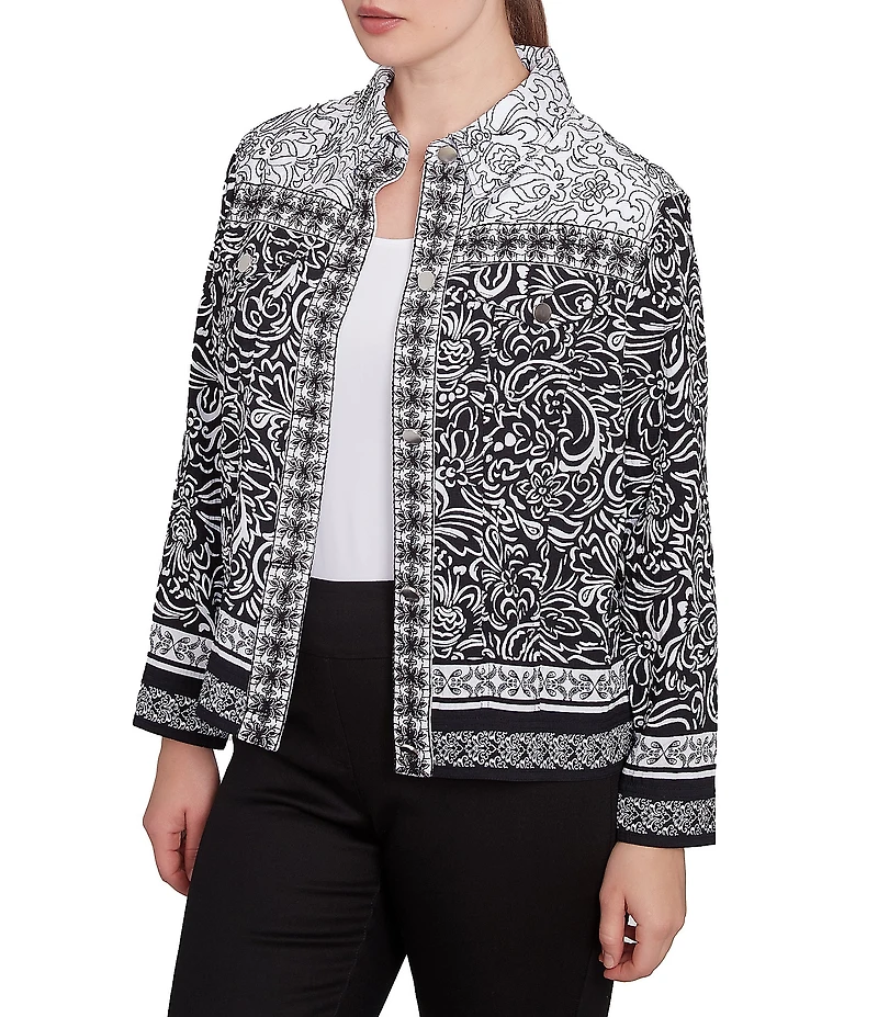 Ruby Rd. Petite Size Luxe Voile Abstract Botanical Border Print Point Collar Long Sleeve Button-Front Jacket