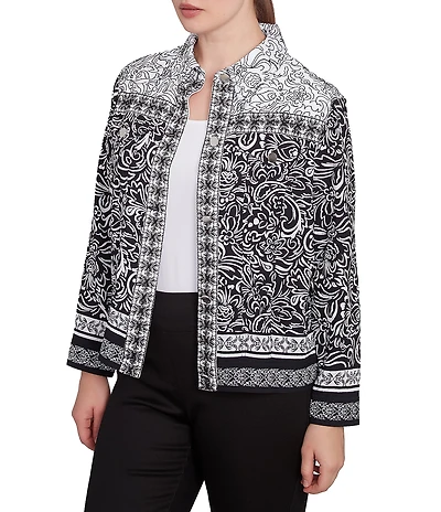 Ruby Rd. Petite Size Luxe Voile Abstract Botanical Border Print Point Collar Long Sleeve Button-Front Jacket