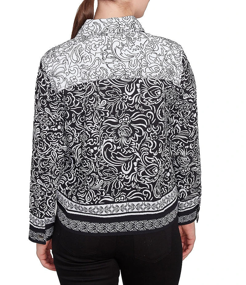 Ruby Rd. Petite Size Luxe Voile Abstract Botanical Border Print Point Collar Long Sleeve Button-Front Jacket