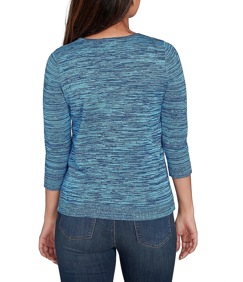 Ruby Rd. Petite Size Marled Knit Embroidered Scoop Neck 3/4 Sleeve Pullover Top