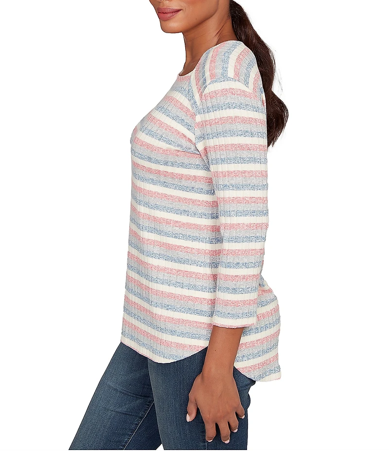 Ruby Rd. Petite Size Marled Stripe Ribbed Knit Square Neck 3/4 Sleeve Top
