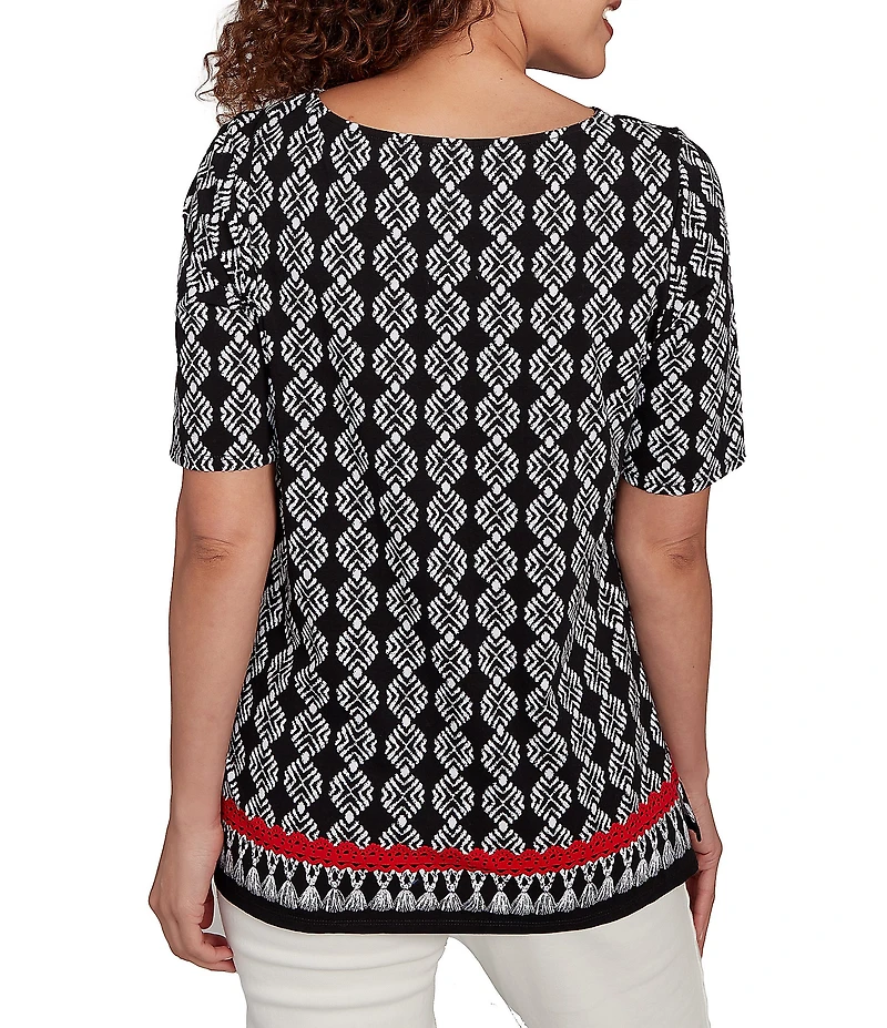 Ruby Rd. Petite Size Medallion Border Print Boat Neck Elbow Sleeve Top