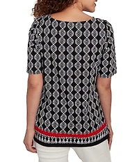 Ruby Rd. Petite Size Medallion Border Print Boat Neck Elbow Sleeve Top