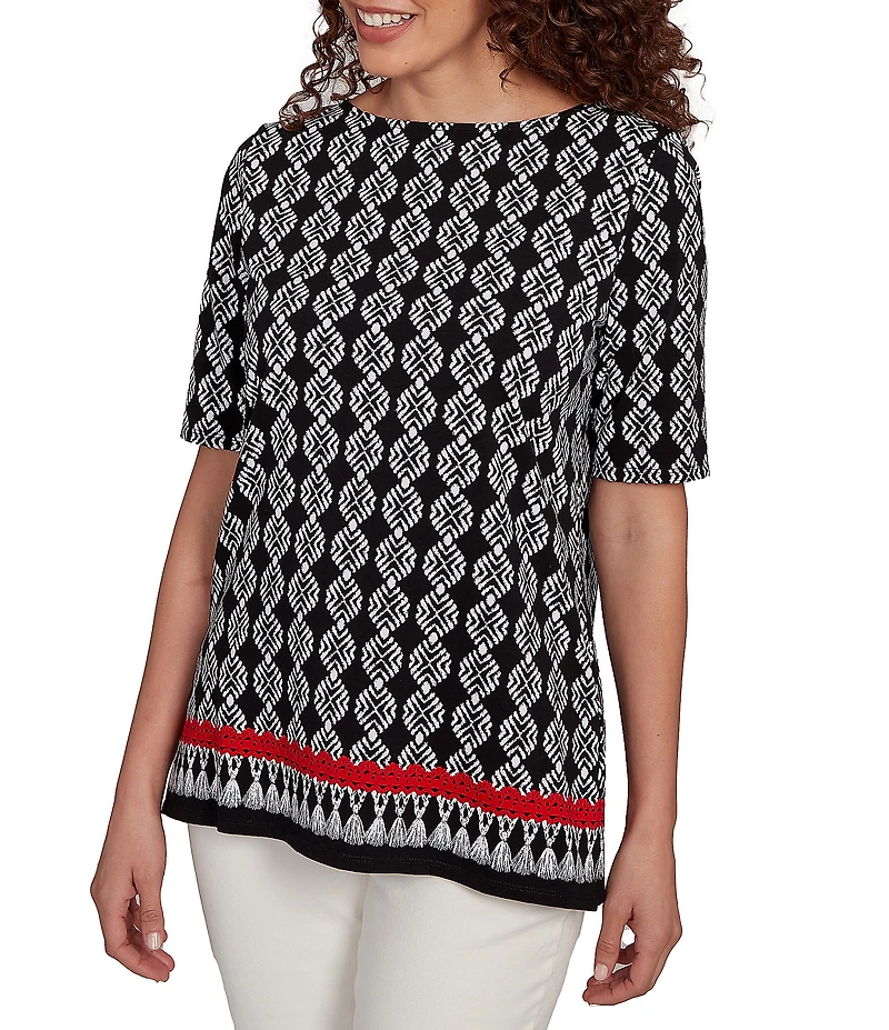 Ruby Rd. Petite Size Medallion Border Print Boat Neck Elbow Sleeve Top