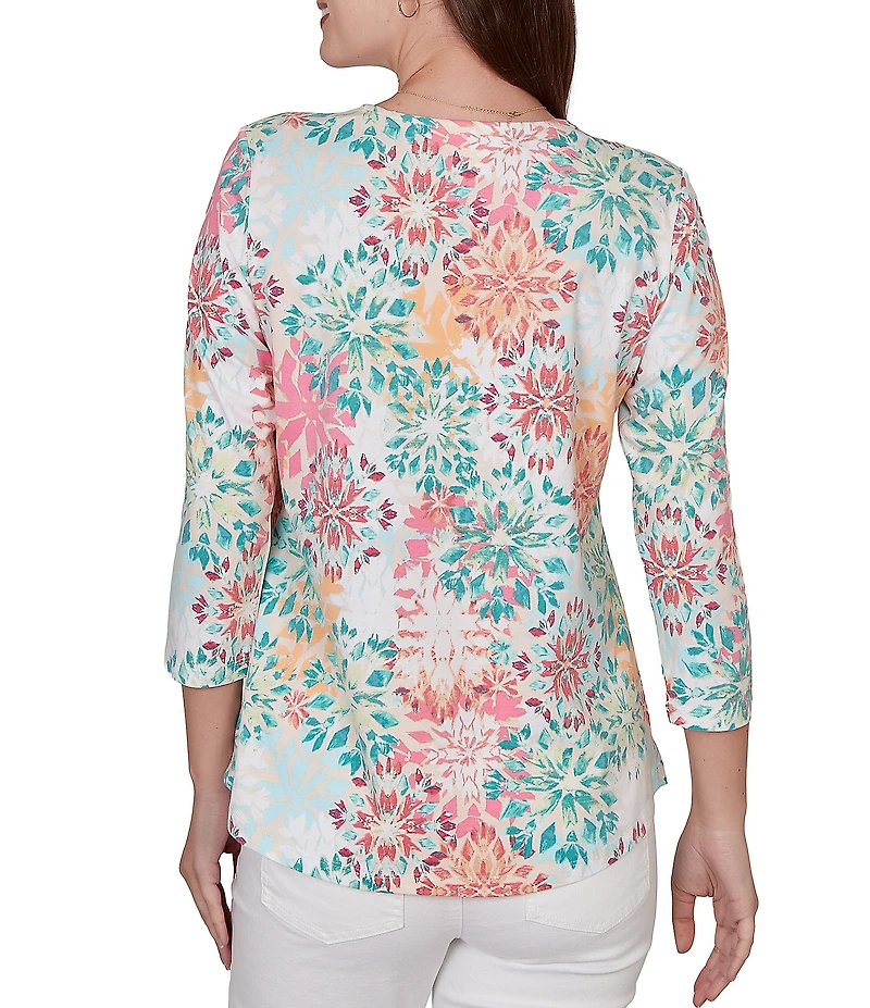 Ruby Rd. Petite Size Medallion Floral Envelope Neck 3/4 Sleeve Top