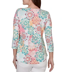 Ruby Rd. Petite Size Medallion Floral Envelope Neck 3/4 Sleeve Top