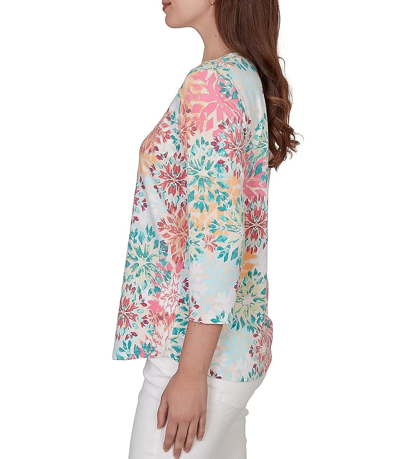 Ruby Rd. Petite Size Medallion Floral Envelope Neck 3/4 Sleeve Top