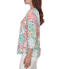 Ruby Rd. Petite Size Medallion Floral Envelope Neck 3/4 Sleeve Top