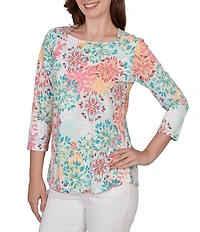 Ruby Rd. Petite Size Medallion Floral Envelope Neck 3/4 Sleeve Top