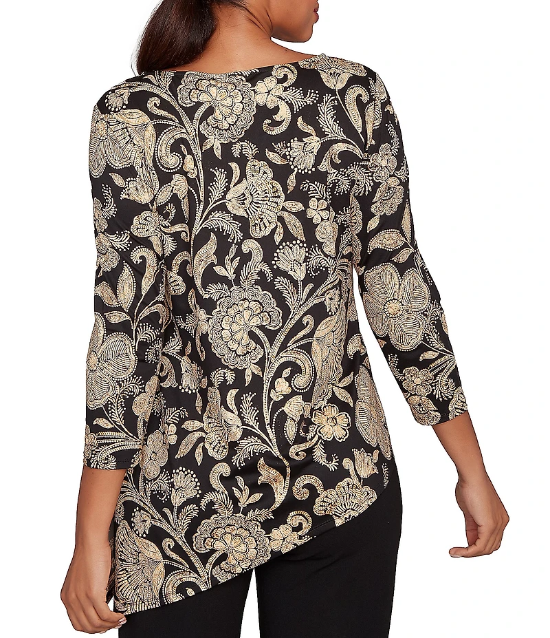 Ruby Rd. Petite Size Metallic Bold Floral Print 3/4 Sleeve Asymmetrical Top