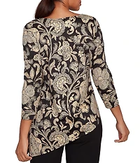 Ruby Rd. Petite Size Metallic Bold Floral Print 3/4 Sleeve Asymmetrical Top