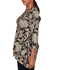 Ruby Rd. Petite Size Metallic Bold Floral Print 3/4 Sleeve Asymmetrical Top