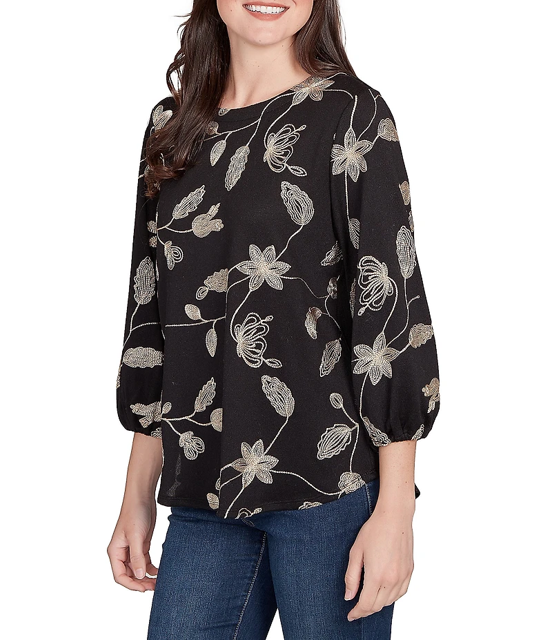 Ruby Rd. Petite Size Metallic Embroidered Floral Crew Neck 3/4 Sleeve Top