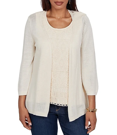 Ruby Rd. Petite Size Mixed Knit 3/4 Sleeve Crochet Lace Open-Front Coordinating Cardigan