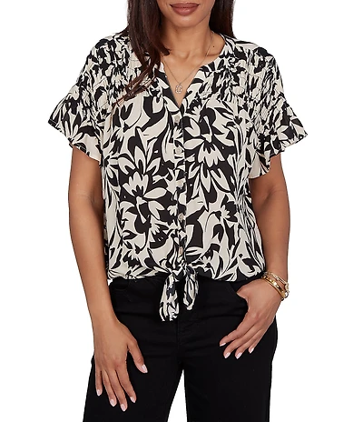Ruby Rd. Petite Size Mixed Media Monochrome Floral V-Neck Ruffle Short Sleeve Button-Front Shirt