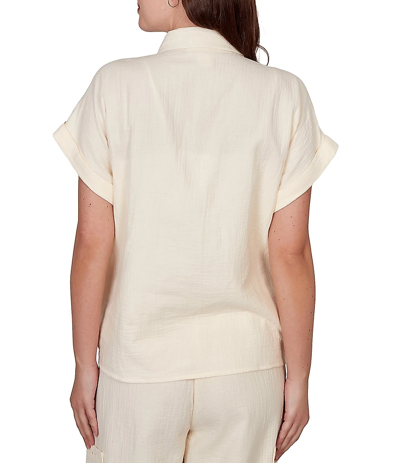 Ruby Rd. Petite Size Mixed Media Point Collar Short Rolled Cuff Sleeve Button Tie-Front Top