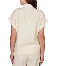Ruby Rd. Petite Size Mixed Media Point Collar Short Rolled Cuff Sleeve Button Tie-Front Top