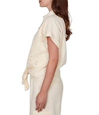 Ruby Rd. Petite Size Mixed Media Point Collar Short Rolled Cuff Sleeve Button Tie-Front Top