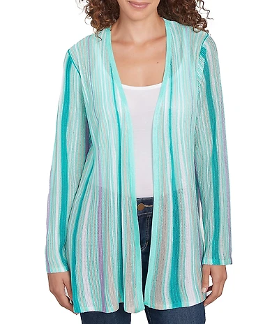 Ruby Rd. Petite Size Multicolor Stripe Long Sleeve Open-Front Cardigan