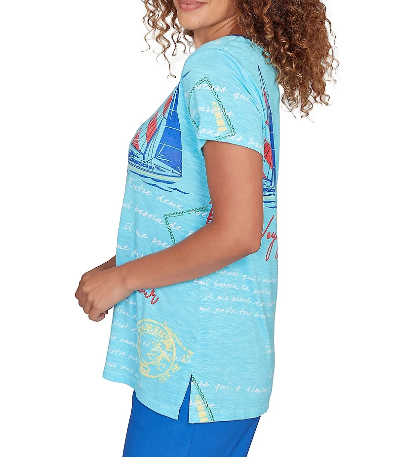 Ruby Rd. Petite Size Nautical Bon Voyage Slub Jersey Crew Neck Short Sleeve Knit Tee