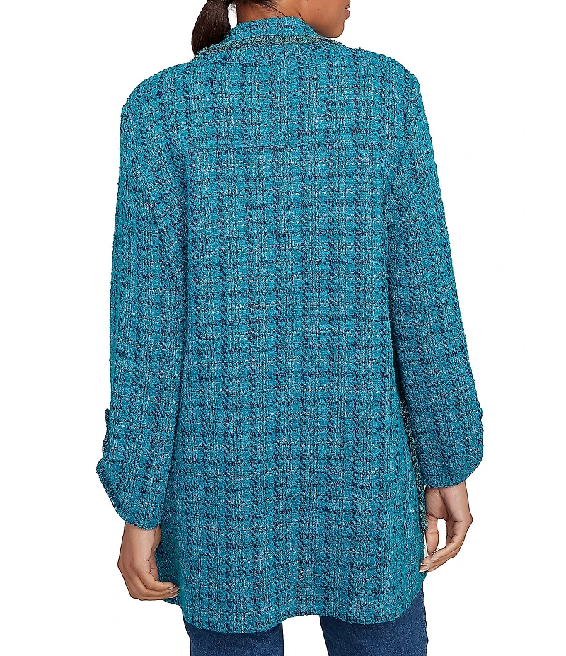 Ruby Rd. Petite Size Notch Lapel Collar Long Roll-Tab Sleeve Open Front Tweed Patch Pocket Jacket