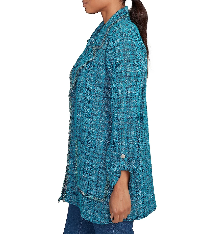 Ruby Rd. Petite Size Notch Lapel Collar Long Roll-Tab Sleeve Open Front Tweed Patch Pocket Jacket