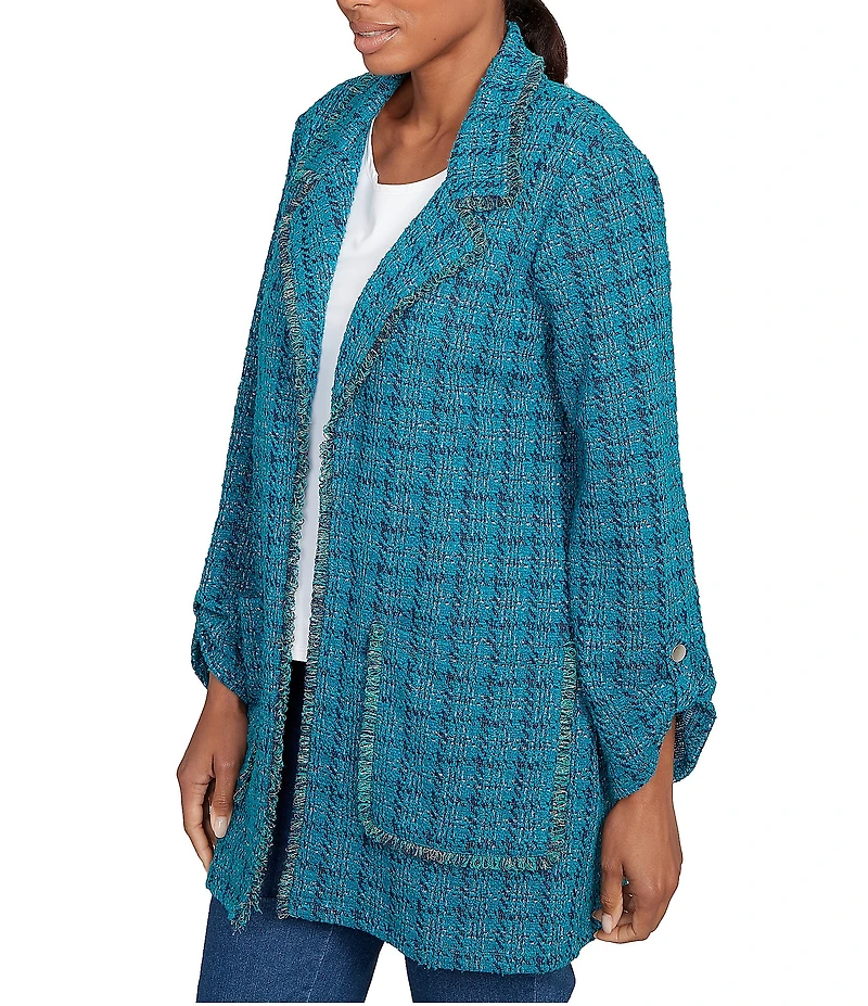 Ruby Rd. Petite Size Notch Lapel Collar Long Roll-Tab Sleeve Open Front Tweed Patch Pocket Jacket