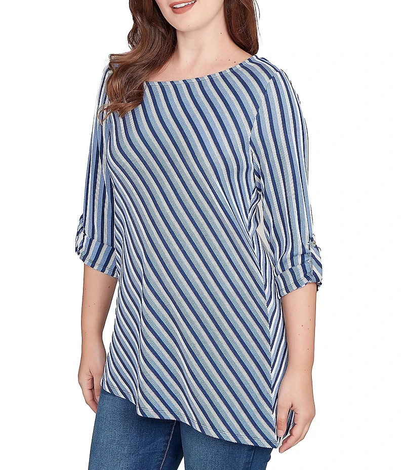 Ruby Rd. Petite Size Ottoman Stripe Knit Yarn Dye Asymmetric Neck 3/4 Sleeve Top