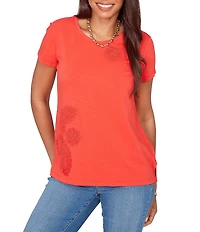Ruby Rd. Petite Size Paisley Lace Accents Scoop Neck Short Sleeve Tee Top