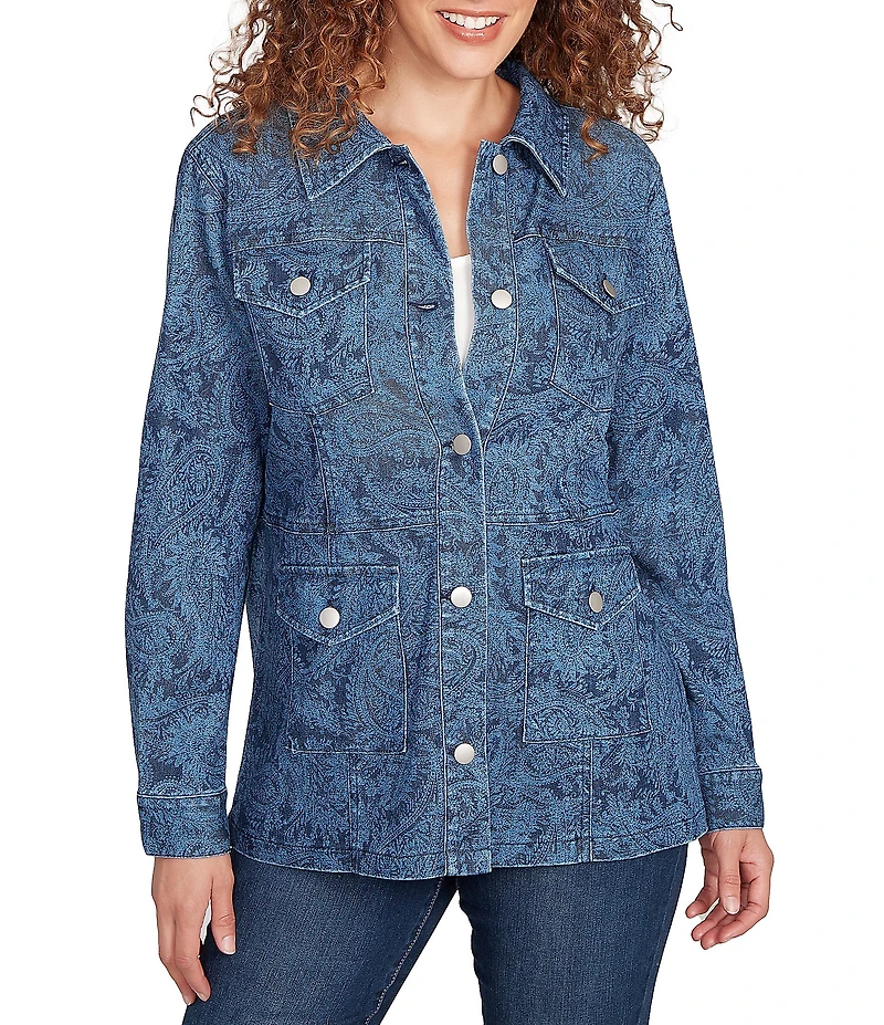 Ruby Rd. Petite Size Paisley Point Collar Long Sleeve Button Front Denim Jacket