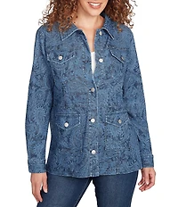 Ruby Rd. Petite Size Paisley Point Collar Long Sleeve Button Front Denim Jacket