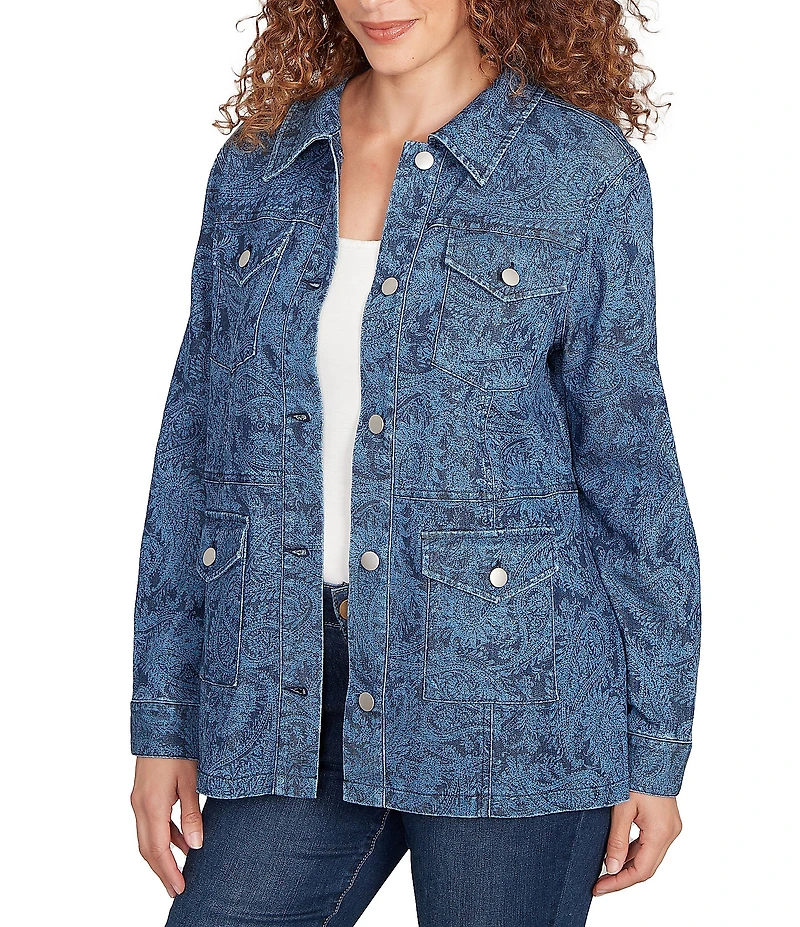 Ruby Rd. Petite Size Paisley Point Collar Long Sleeve Button Front Denim Jacket