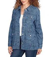 Ruby Rd. Petite Size Paisley Point Collar Long Sleeve Button Front Denim Jacket