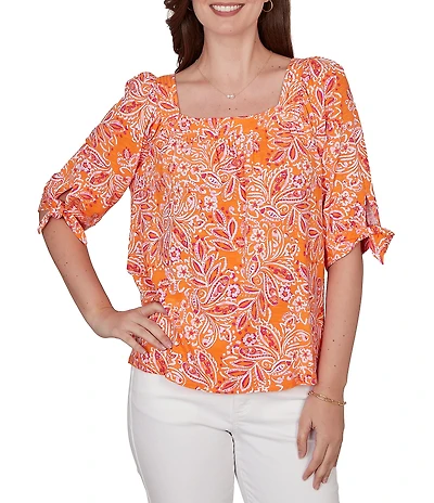 Ruby Rd. Petite Size Paisley Square Neck 3/4 Sleeve Knit Top