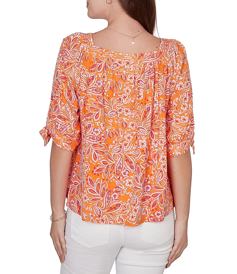 Ruby Rd. Petite Size Paisley Square Neck 3/4 Sleeve Knit Top
