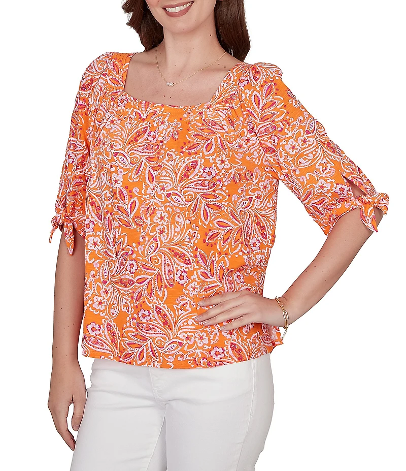 Ruby Rd. Petite Size Paisley Square Neck 3/4 Sleeve Knit Top