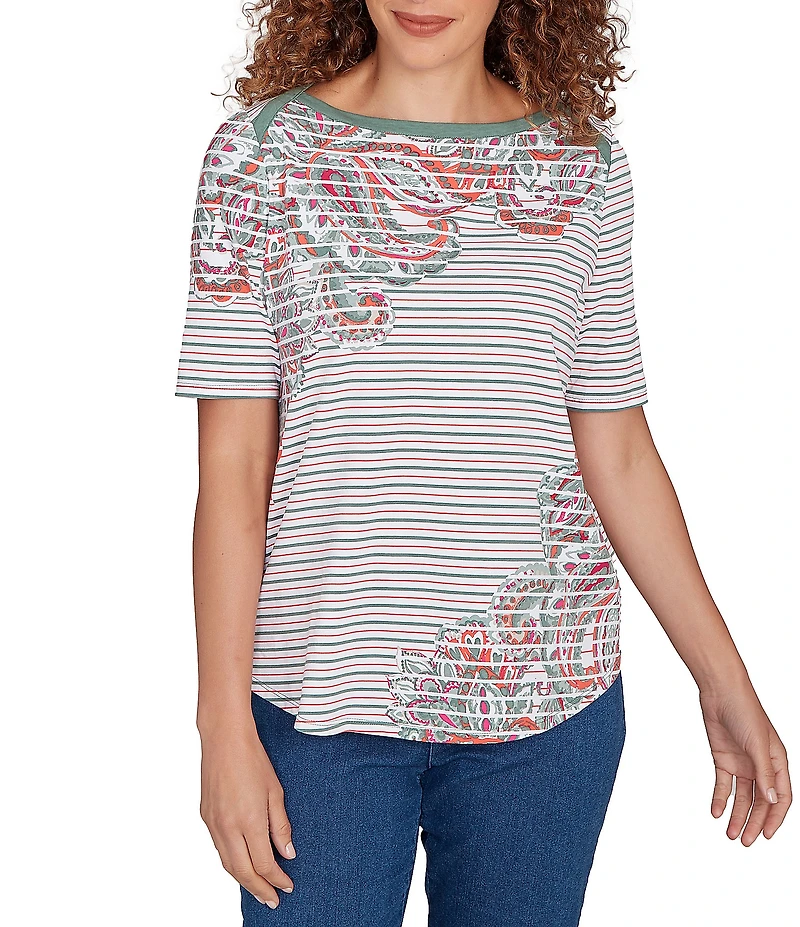 Ruby Rd. Petite Size Paisley Stripe Envelope Neck Short Sleeve Top