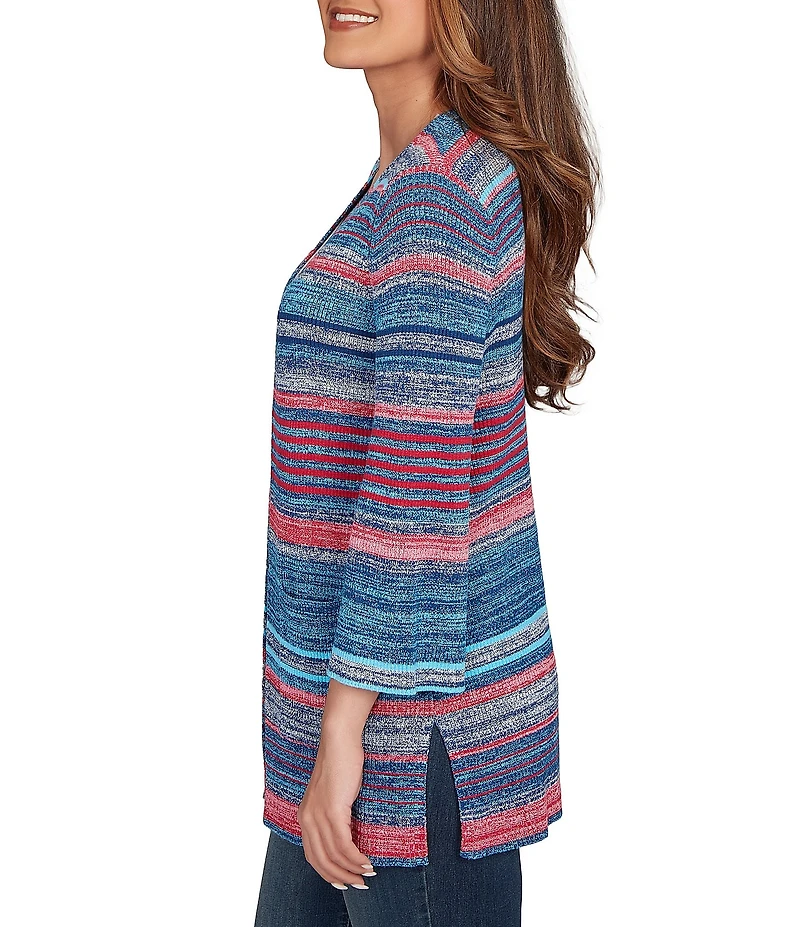 Ruby Rd. Petite Size Rib Knit Stripe 3/4 Sleeve Pocketed Open-Front Cardigan