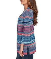 Ruby Rd. Petite Size Rib Knit Stripe 3/4 Sleeve Pocketed Open-Front Cardigan
