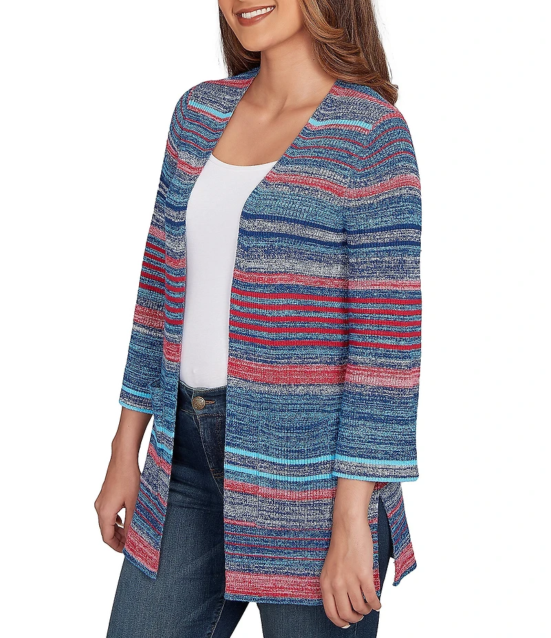 Ruby Rd. Petite Size Rib Knit Stripe 3/4 Sleeve Pocketed Open-Front Cardigan
