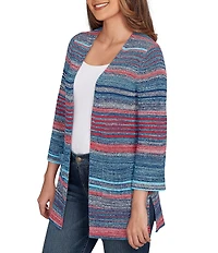 Ruby Rd. Petite Size Rib Knit Stripe 3/4 Sleeve Pocketed Open-Front Cardigan