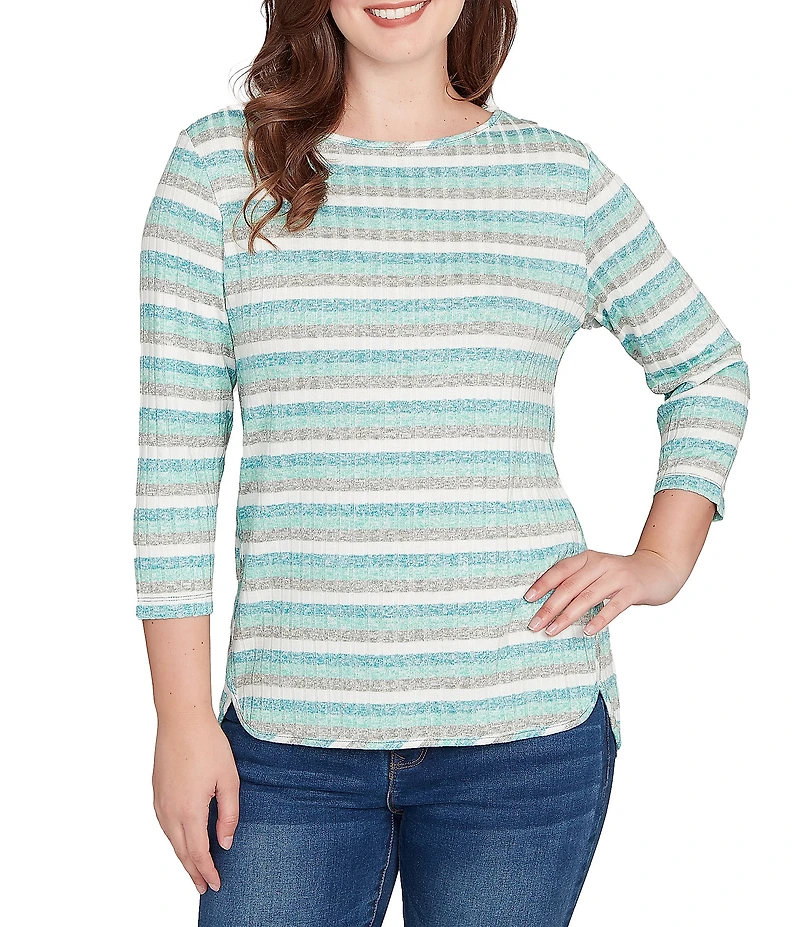 Ruby Rd. Petite Size Ribbed Knit Striped Boat Neck 3/4 Sleeve Shirttail Hem Top