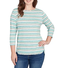 Ruby Rd. Petite Size Ribbed Knit Striped Boat Neck 3/4 Sleeve Shirttail Hem Top