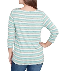 Ruby Rd. Petite Size Ribbed Knit Striped Boat Neck 3/4 Sleeve Shirttail Hem Top