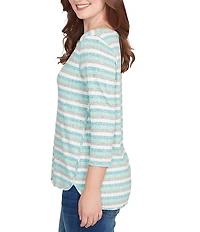 Ruby Rd. Petite Size Ribbed Knit Striped Boat Neck 3/4 Sleeve Shirttail Hem Top