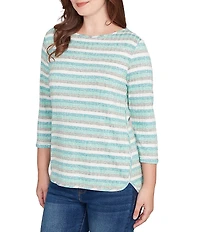 Ruby Rd. Petite Size Ribbed Knit Striped Boat Neck 3/4 Sleeve Shirttail Hem Top