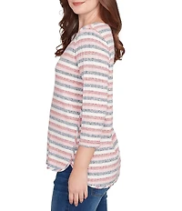 Ruby Rd. Petite Size Ribbed Knit Striped Boat Neck 3/4 Sleeve Shirttail Hem Top