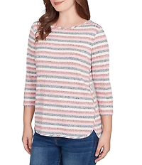 Ruby Rd. Petite Size Ribbed Knit Striped Boat Neck 3/4 Sleeve Shirttail Hem Top