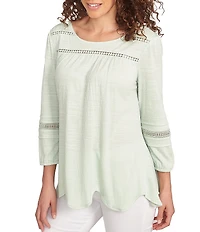 Ruby Rd. Petite Size Knit Scoop Neck 3/4 Bishop Sleeve Lace Trim Scallop Hem Top
