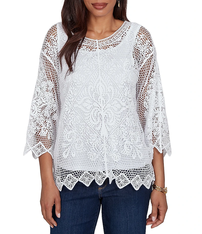 Ruby Rd. Petite Size Scoop Neck 3/4 Sleeve Medallion Crochet Lace Top